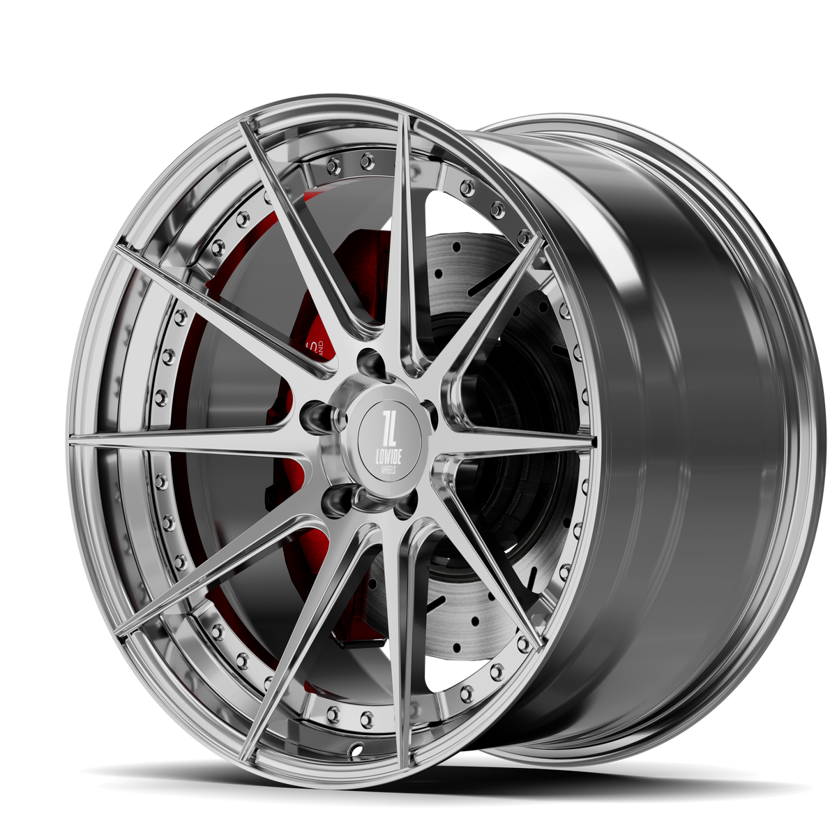 Lowide Wheels LWW 2.9 — two-piece forged wheel, studio three-quarter view, 18–23 inch